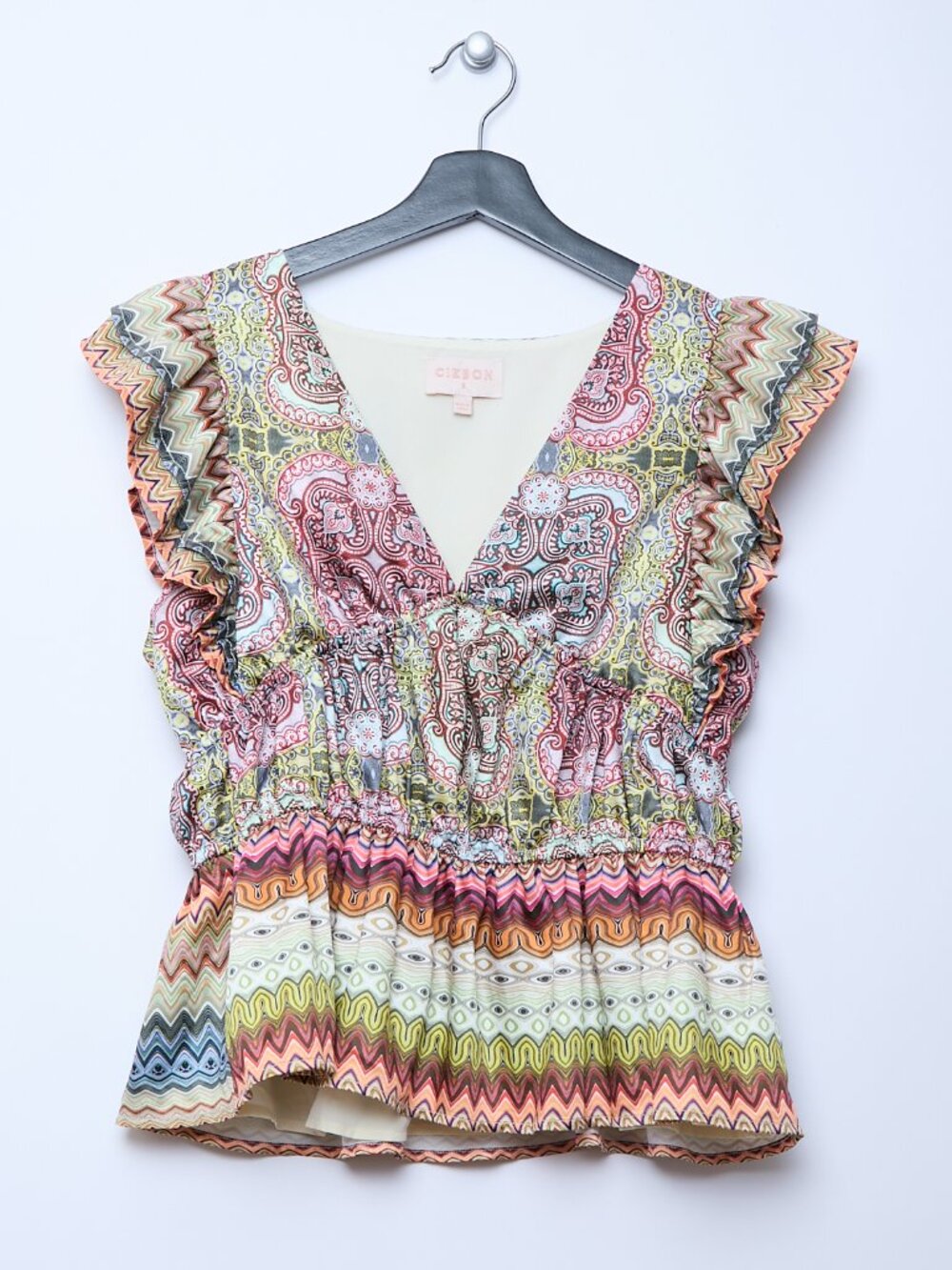 CIEBON Pink Multicolor V-Neck Ruffle Blouse